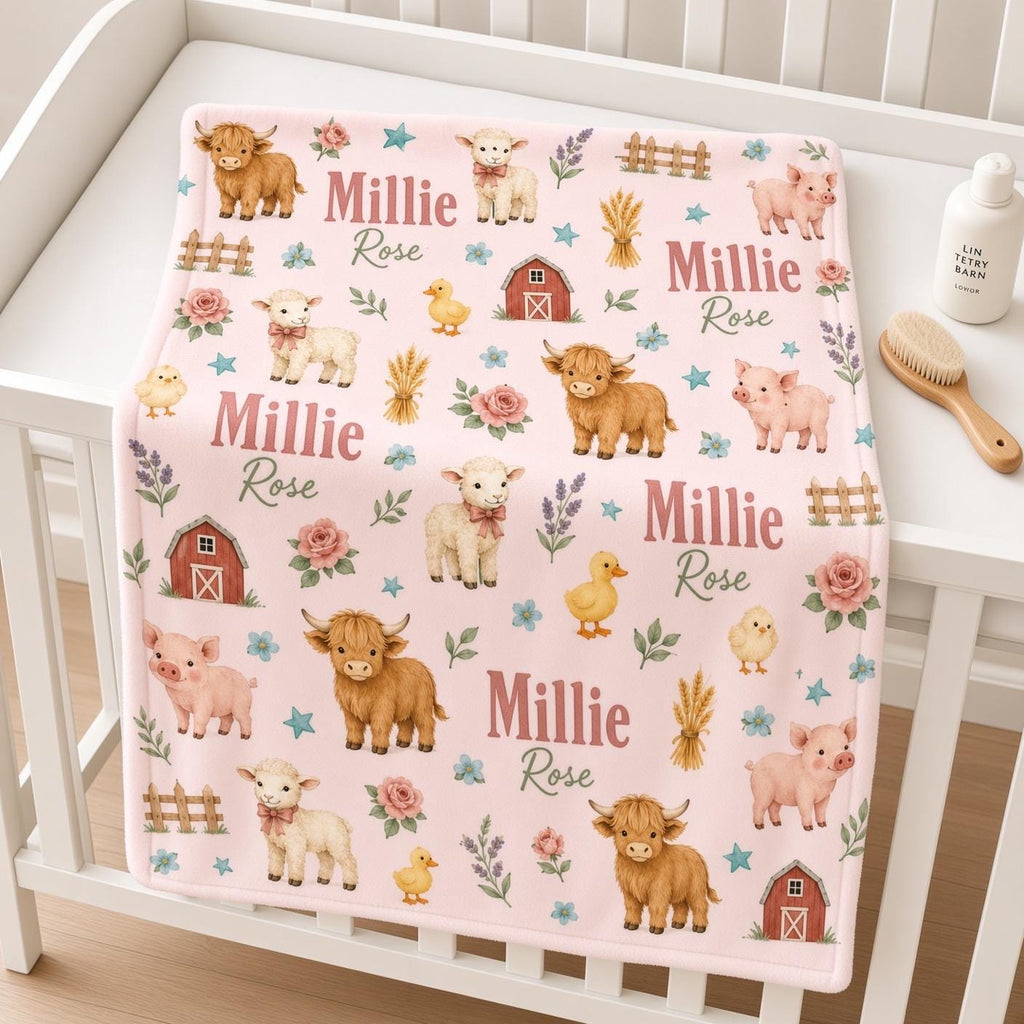 Personalized Farm Baby Blanket, Custom Name Girl Blanket, Highland Cow Nursery, Farm Animal Baby Gift, Pink Farm Nursery Blan