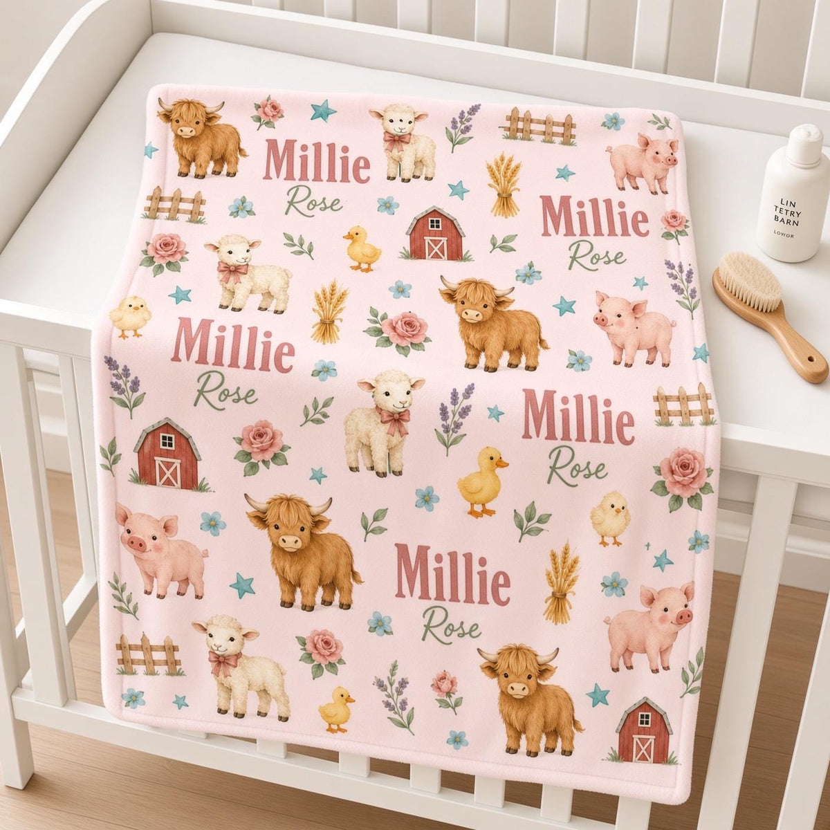 Personalized Farm Baby Blanket, Custom Name Girl Blanket, Highland Cow Nursery, Farm Animal Baby Gift, Pink Farm Nursery Blan