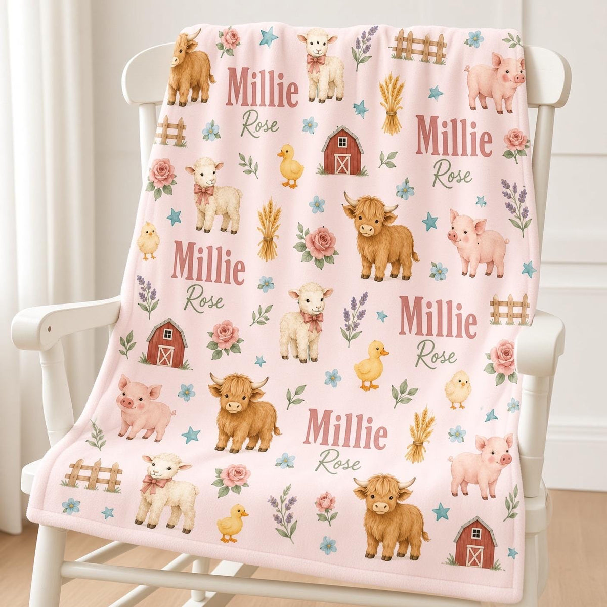 Personalized Farm Baby Blanket, Custom Name Girl Blanket, Highland Cow Nursery, Farm Animal Baby Gift, Pink Farm Nursery Blan