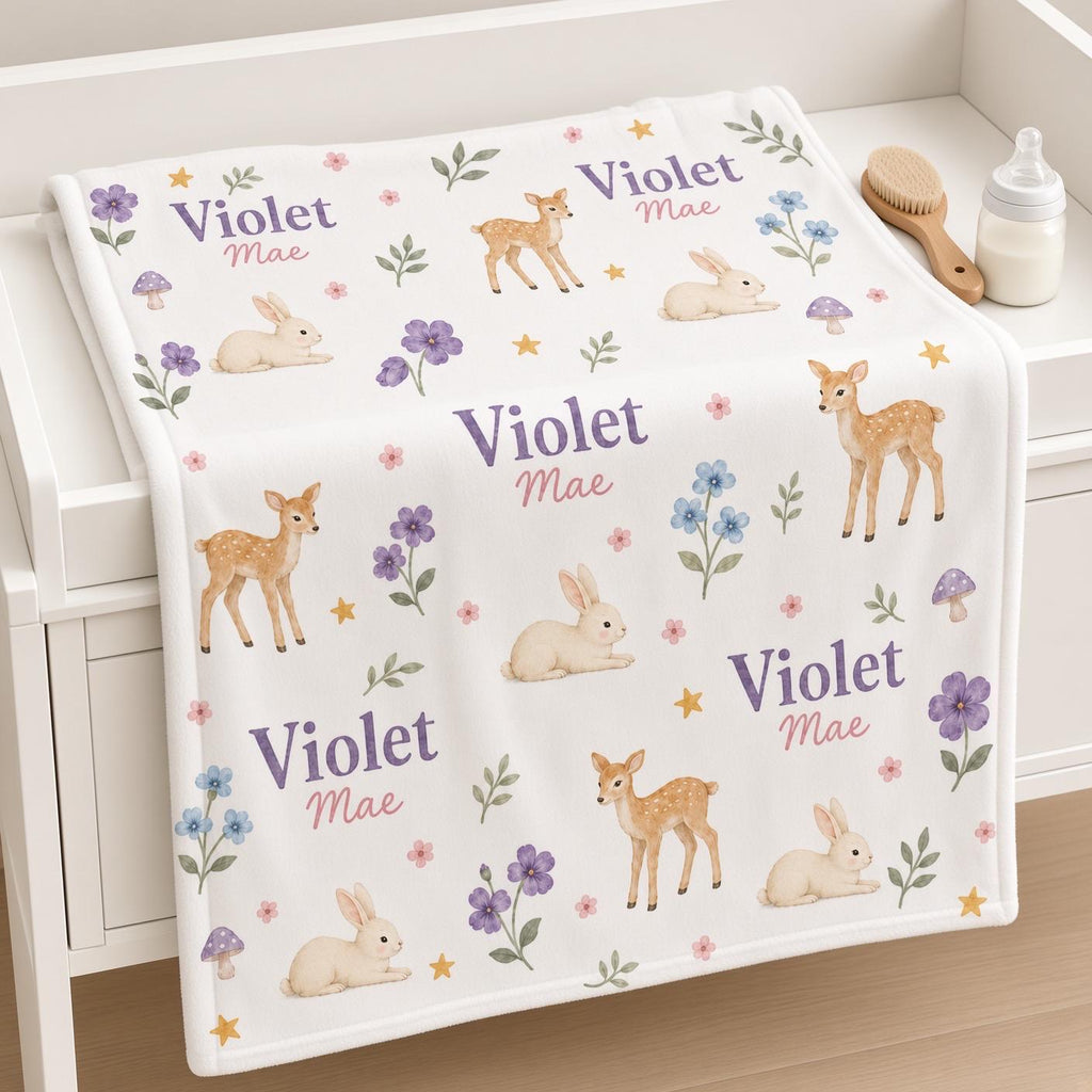 Personalized Woodland Baby Girl Blanket, Custom Name Deer Bunny Blanket, Floral Nursery Blanket, Newborn Baby Gift, Baby Chri
