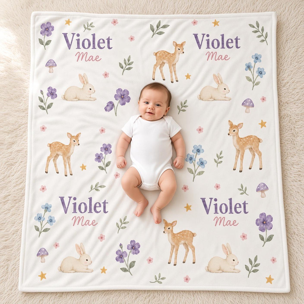 Personalized Woodland Baby Girl Blanket, Custom Name Deer Bunny Blanket, Floral Nursery Blanket, Newborn Baby Gift, Baby Chri