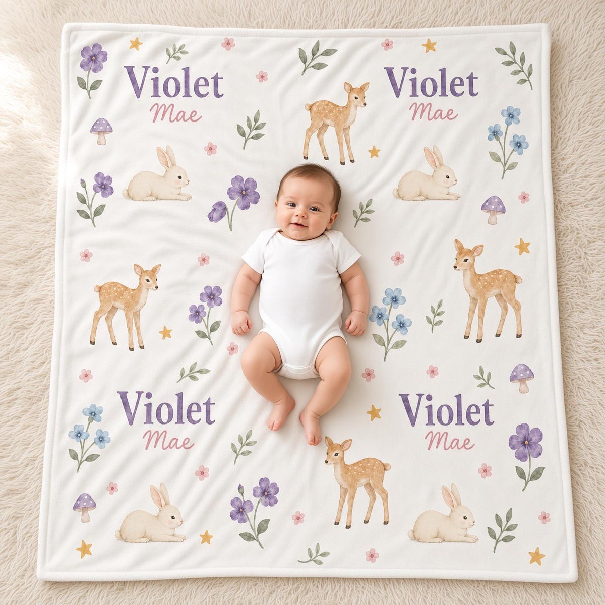 Personalized Woodland Baby Girl Blanket, Custom Name Deer Bunny Blanket, Floral Nursery Blanket, Newborn Baby Gift, Baby Chri