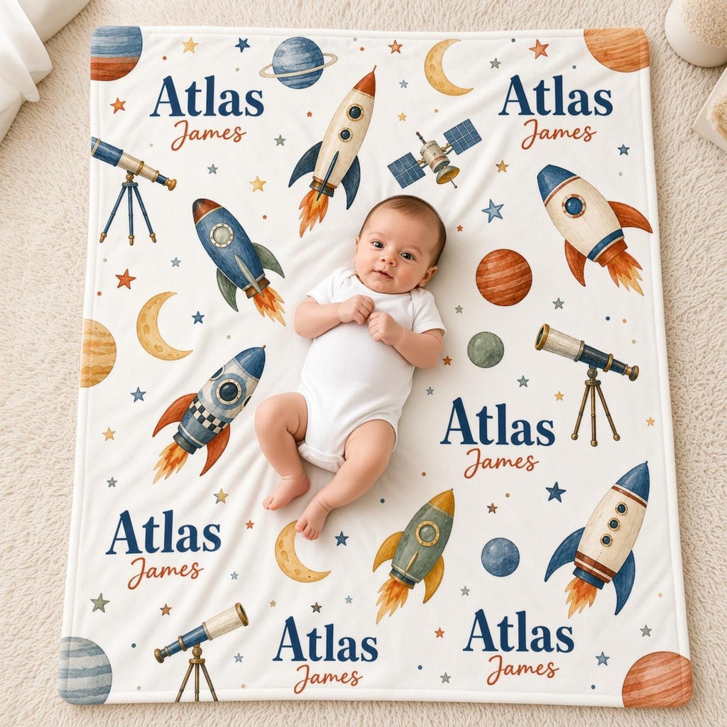 Personalized Space Milestone Blanket, Baby Boy Monthly Milestone Blanket, Rocket Ship Baby Blanket, Custom Name Blanket, Spac