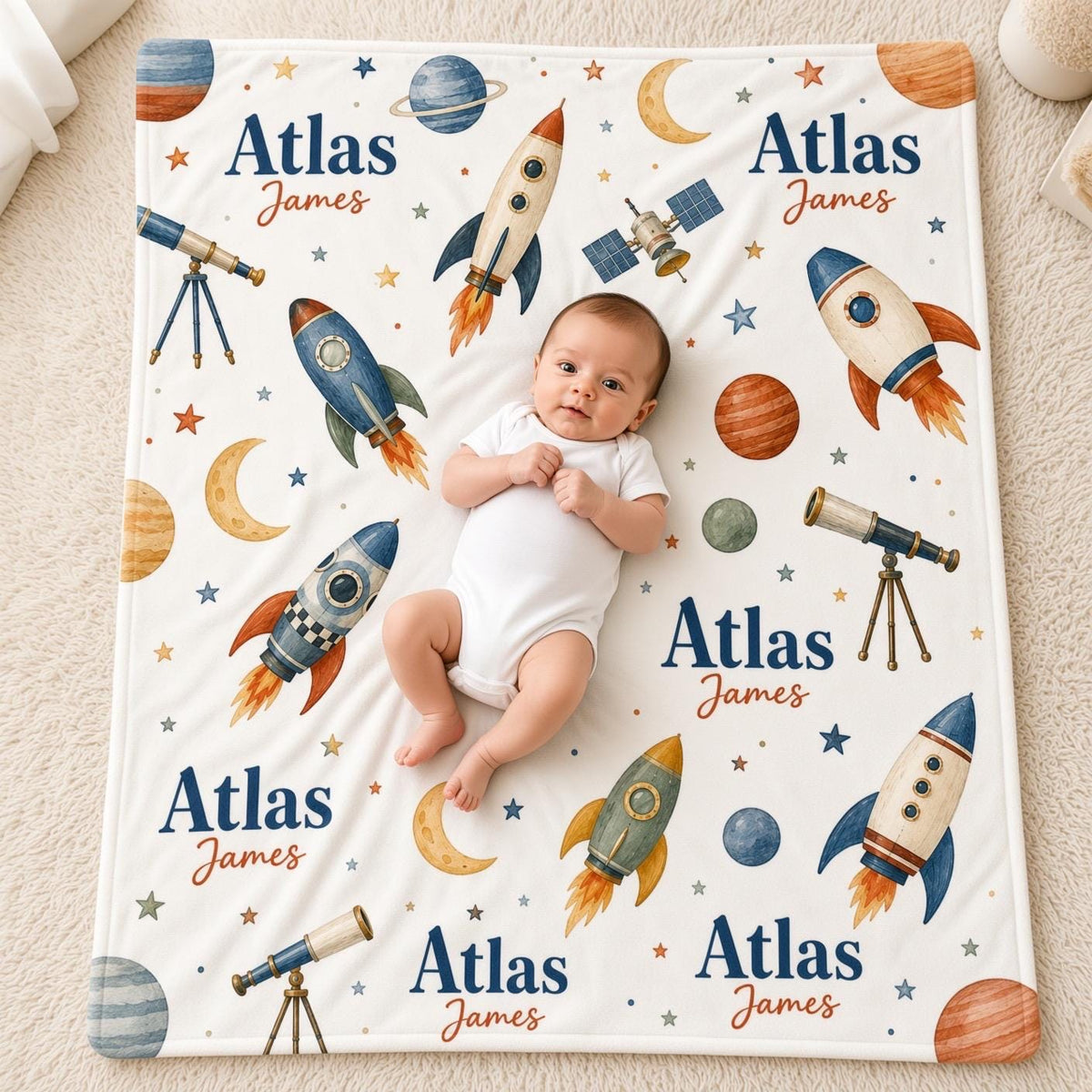 Personalized Space Milestone Blanket, Baby Boy Monthly Milestone Blanket, Rocket Ship Baby Blanket, Custom Name Blanket, Spac