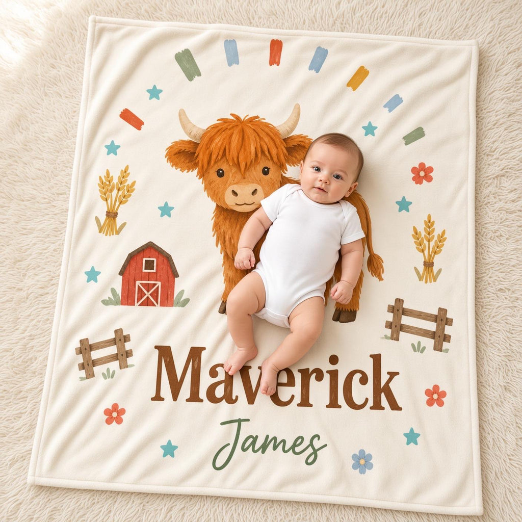 Personalized Highland Cow Baby Blanket, Custom Name Farm Blanket, Baby Boy Nursery Decor, Cow Baby Shower Gift, Baby Christma