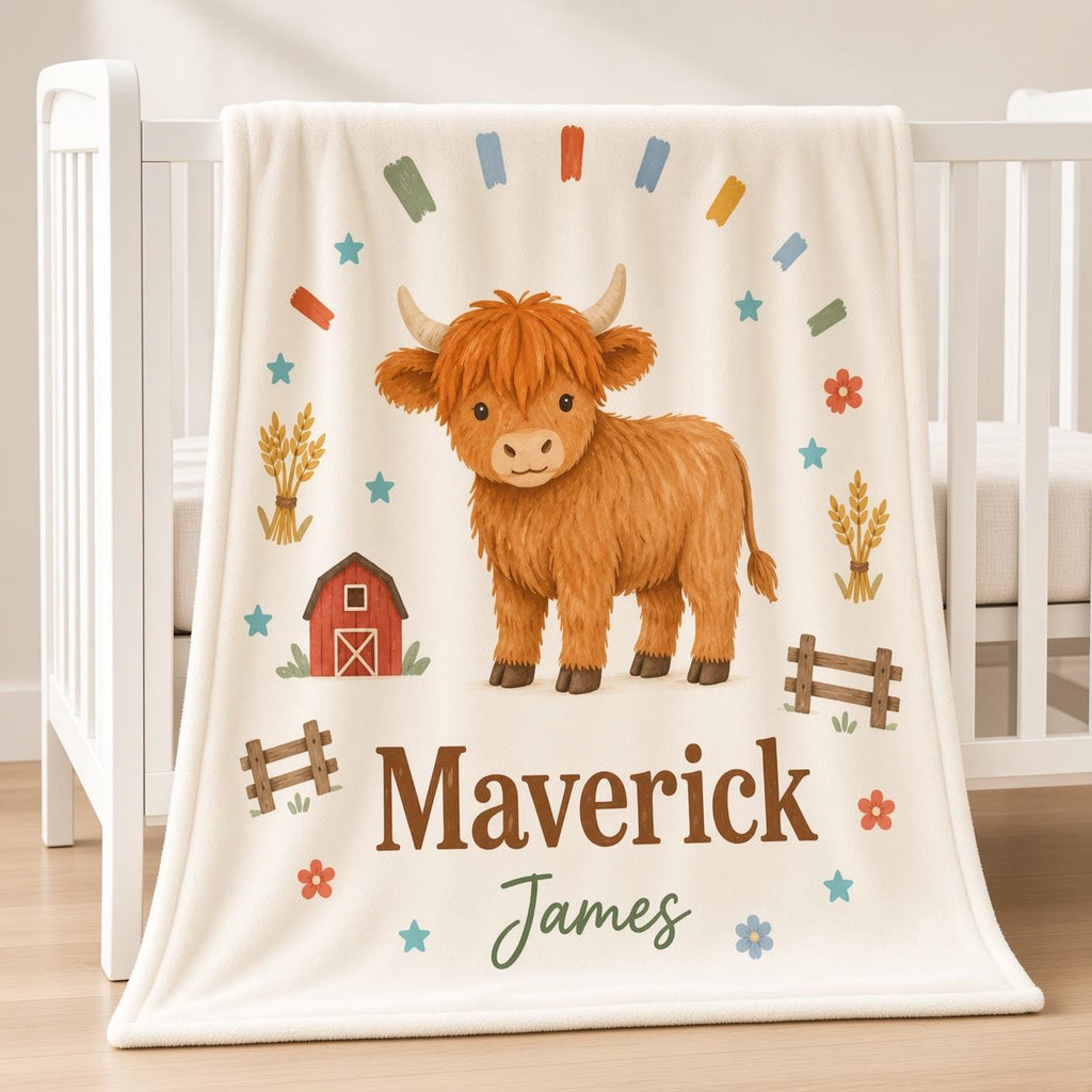 Personalized Highland Cow Baby Blanket, Custom Name Farm Blanket, Baby Boy Nursery Decor, Cow Baby Shower Gift, Baby Christma