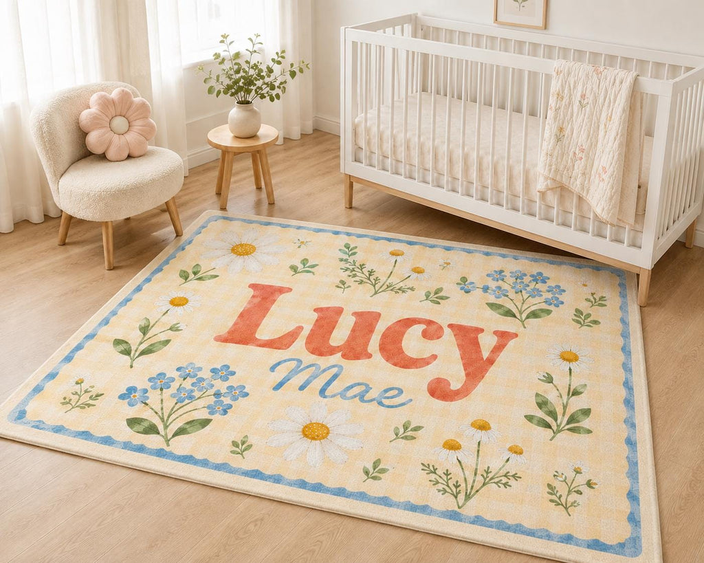 Personalized Nursery Rug, Custom Name Round Rug, Floral Baby Girl Room Decor, Daisy Kids Rug, Personalized Baby Shower Gift