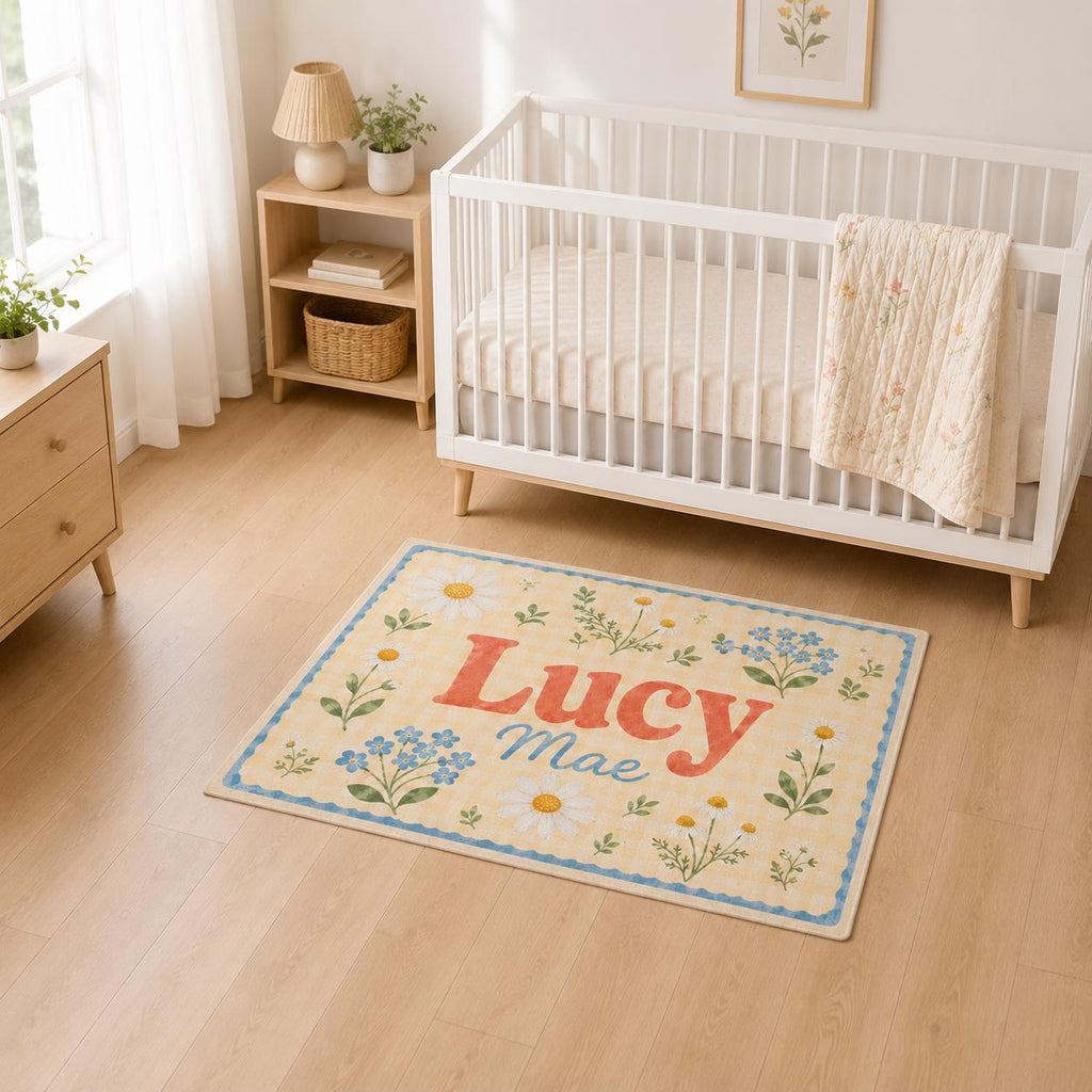Personalized Nursery Rug, Custom Name Round Rug, Floral Baby Girl Room Decor, Daisy Kids Rug, Personalized Baby Shower Gift