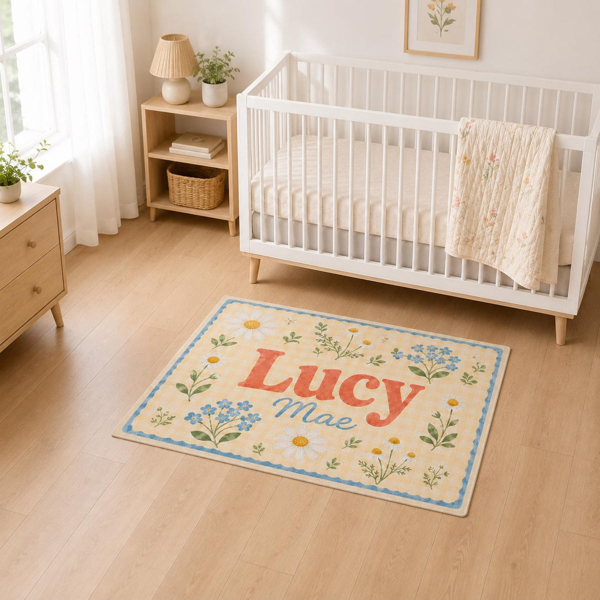 Personalized Nursery Rug, Custom Name Round Rug, Floral Baby Girl Room Decor, Daisy Kids Rug, Personalized Baby Shower Gift