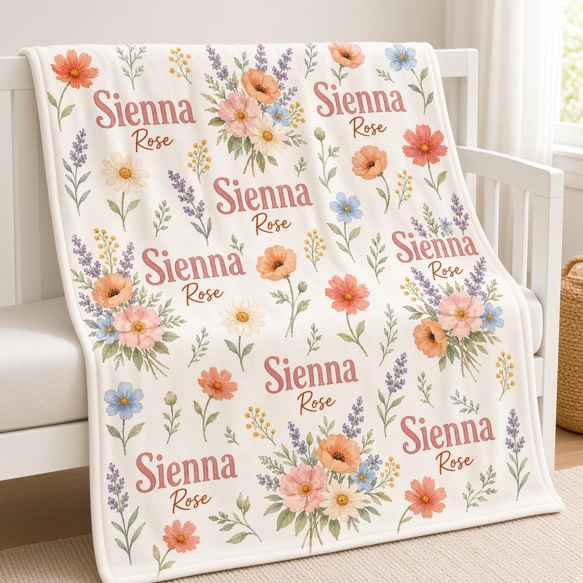 Personalized Baby Girl Blanket, Custom Name Wildflower Blanket, Floral Newborn Gift, Colorful Nursery Blanket, Baby Shower Gi