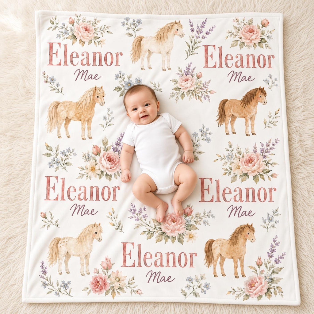 Personalized Horse Baby Blanket, Custom Name Floral Pony Blanket, Baby Girl Nursery Decor, Equestrian Newborn Baby Shower Gif