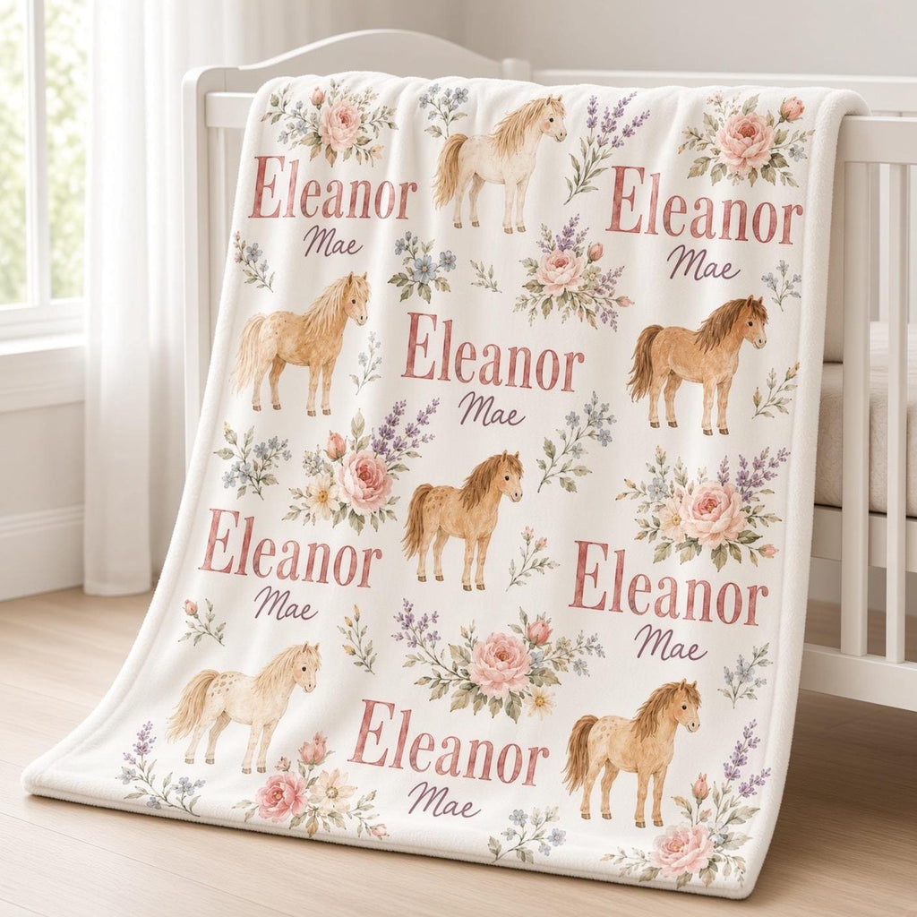 Personalized Horse Baby Blanket, Custom Name Floral Pony Blanket, Baby Girl Nursery Decor, Equestrian Newborn Baby Shower Gif