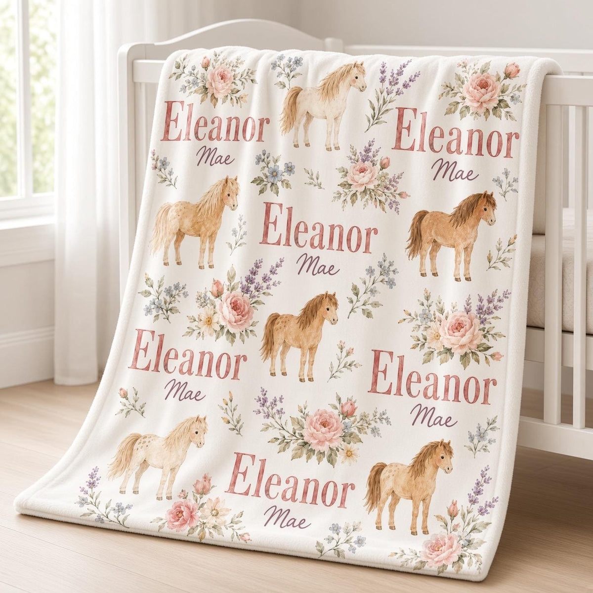 Personalized Horse Baby Blanket, Custom Name Floral Pony Blanket, Baby Girl Nursery Decor, Equestrian Newborn Baby Shower Gif