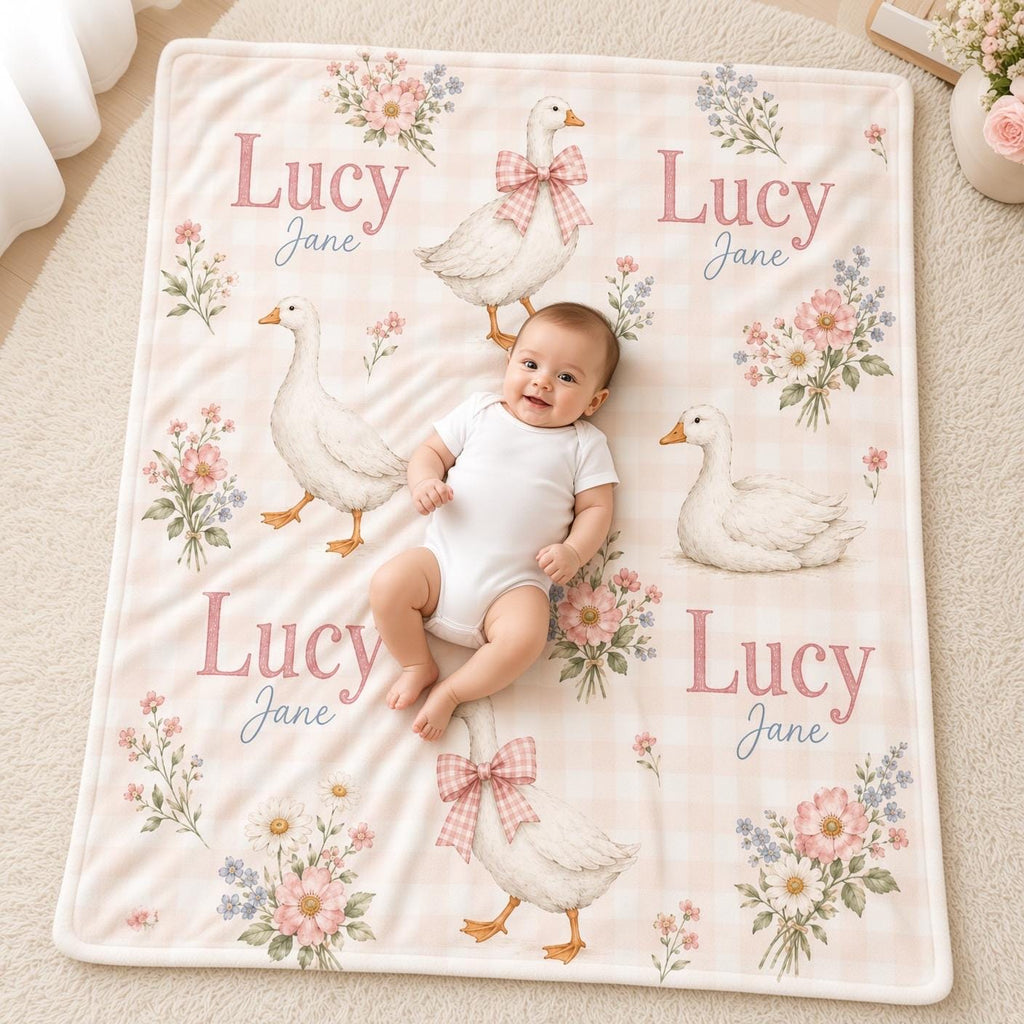 Personalized Goose Baby Blanket, Custom Name Girl Blanket, Pink Gingham Nursery Decor, Floral Newborn Baby Shower Gift