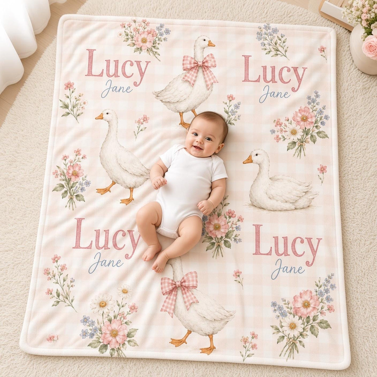 Personalized Goose Baby Blanket, Custom Name Girl Blanket, Pink Gingham Nursery Decor, Floral Newborn Baby Shower Gift