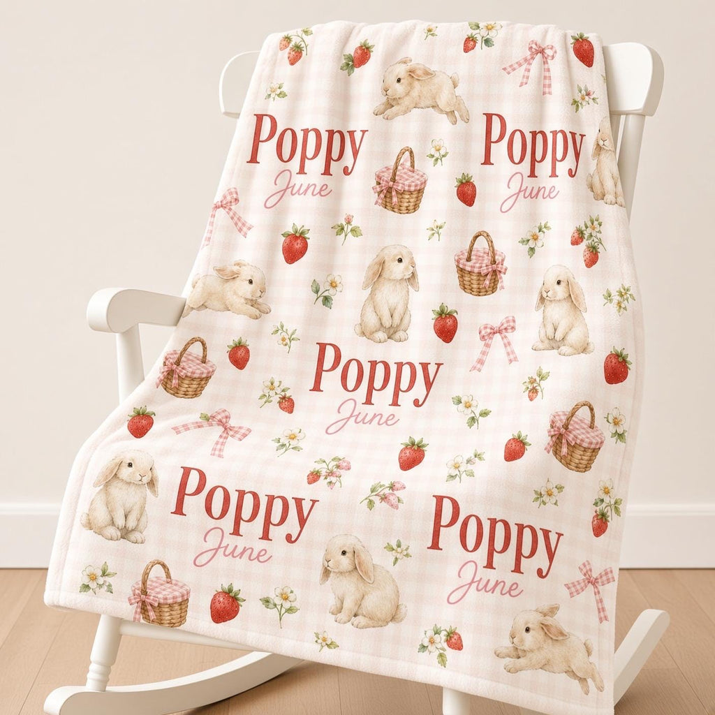 Personalized Bunny Baby Blanket, Custom Name Strawberry Blanket, Pink Gingham Girl Nursery Decor, Rabbit Newborn Baby Shower 
