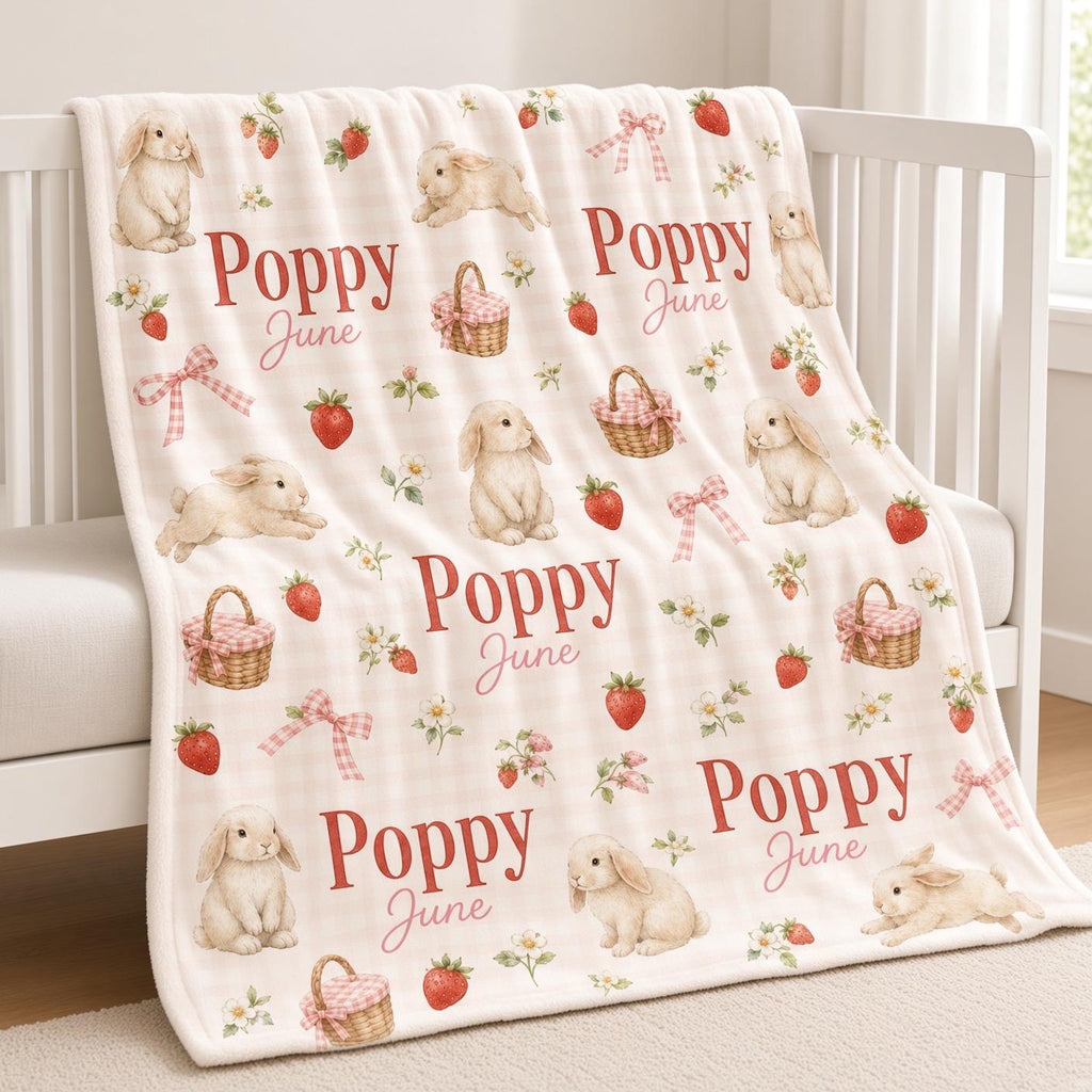 Personalized Bunny Baby Blanket, Custom Name Strawberry Blanket, Pink Gingham Girl Nursery Decor, Rabbit Newborn Baby Shower 