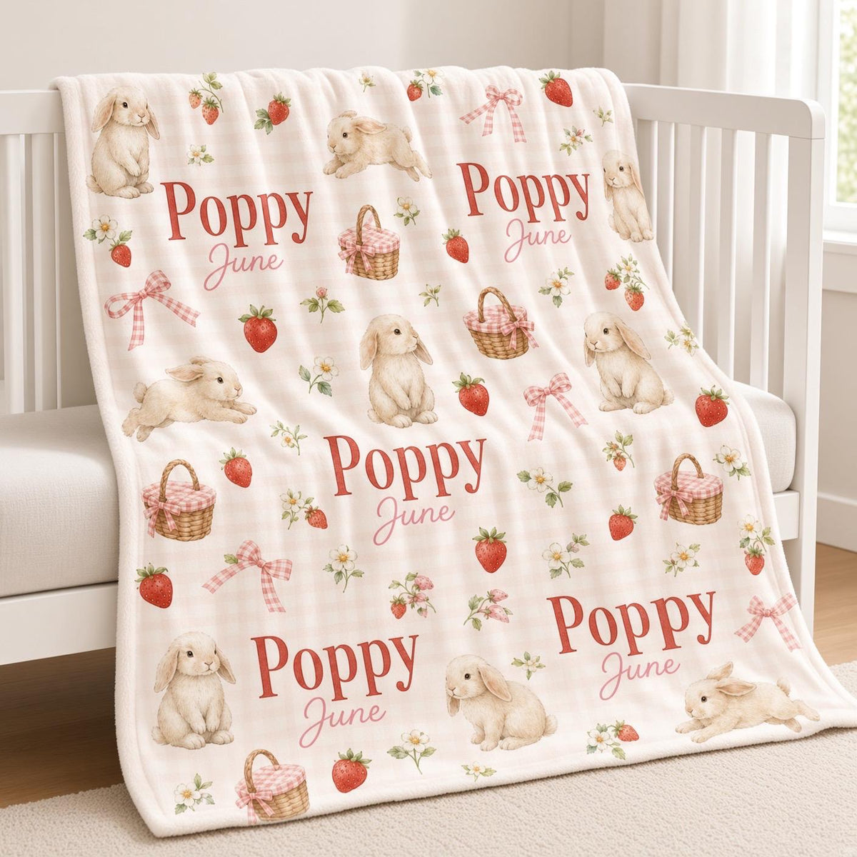 Personalized Bunny Baby Blanket, Custom Name Strawberry Blanket, Pink Gingham Girl Nursery Decor, Rabbit Newborn Baby Shower 
