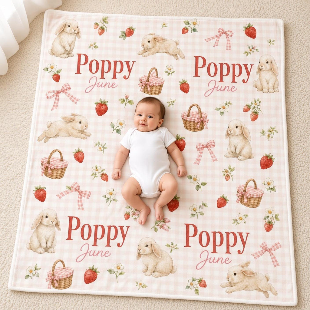 Personalized Bunny Baby Blanket, Custom Name Strawberry Blanket, Pink Gingham Girl Nursery Decor, Rabbit Newborn Baby Shower 