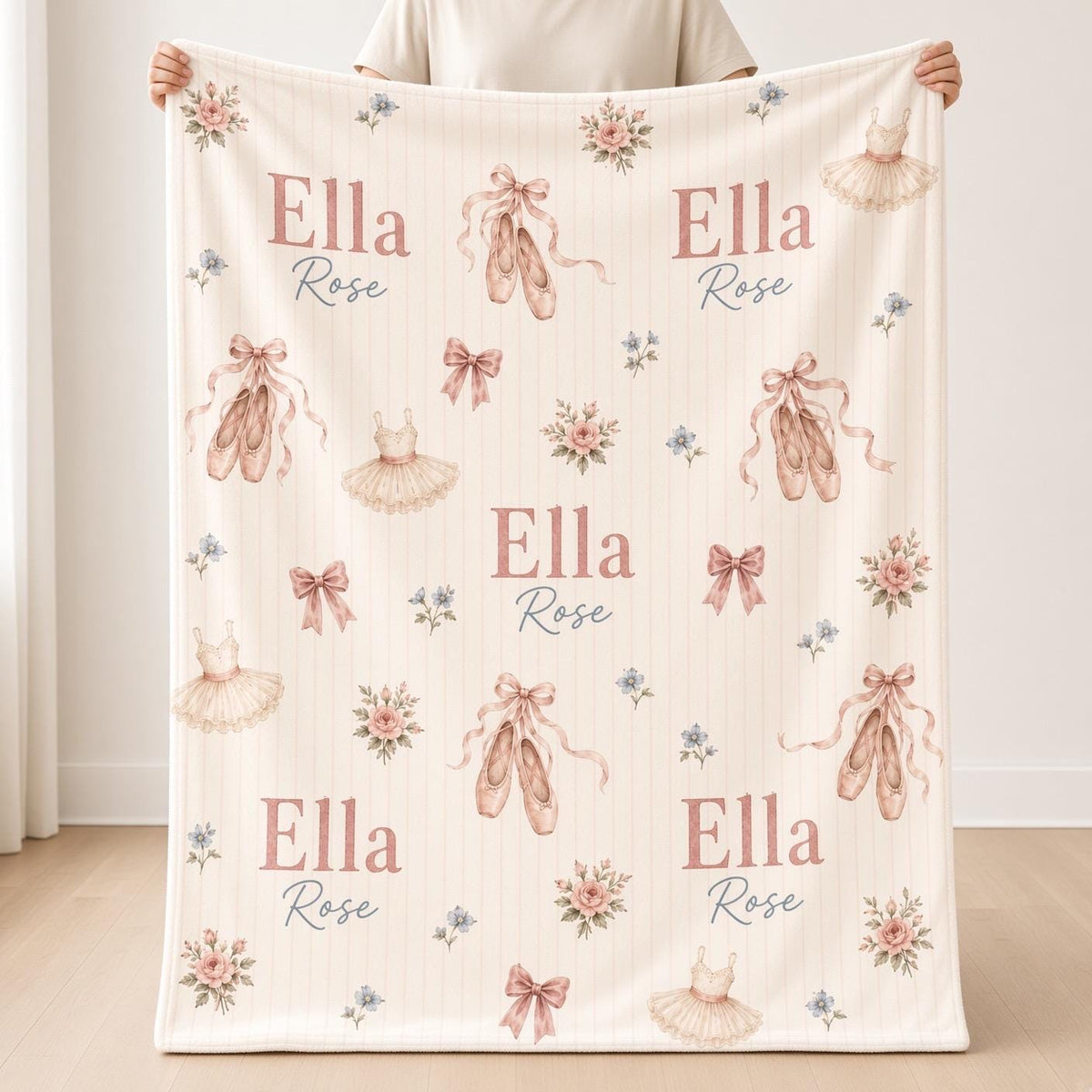 Personalized Ballerina Baby Blanket, Custom Name Ballet Blanket, Pink Floral Girl Nursery Decor, Dancer Baby Shower Gift