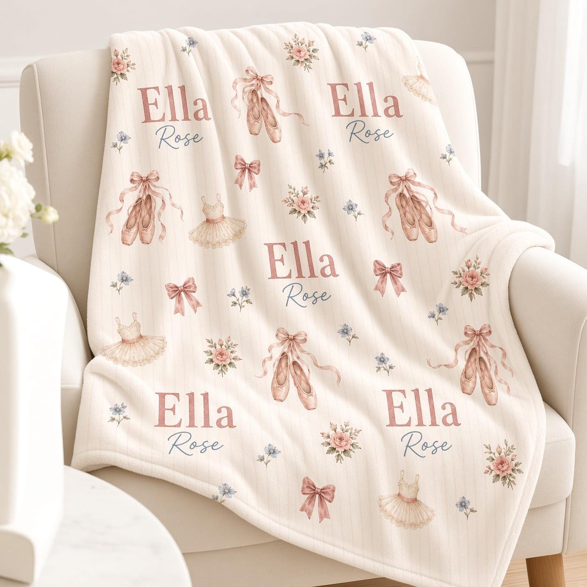 Personalized Ballerina Baby Blanket, Custom Name Ballet Blanket, Pink Floral Girl Nursery Decor, Dancer Baby Shower Gift