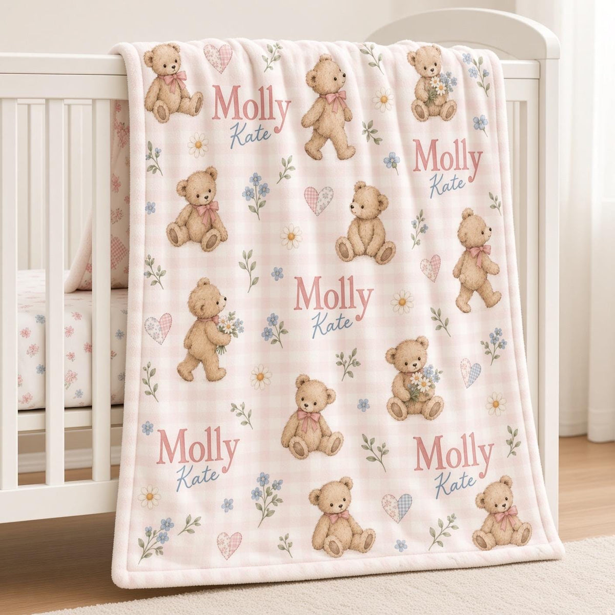 Personalized Teddy Bear Baby Blanket, Custom Name Girl Blanket, Pink Gingham Nursery Decor, Floral Newborn Baby Shower Gift