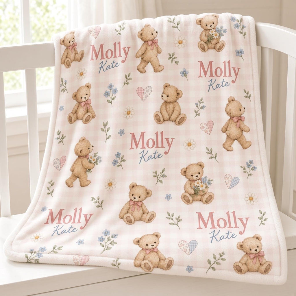 Personalized Teddy Bear Baby Blanket, Custom Name Girl Blanket, Pink Gingham Nursery Decor, Floral Newborn Baby Shower Gift