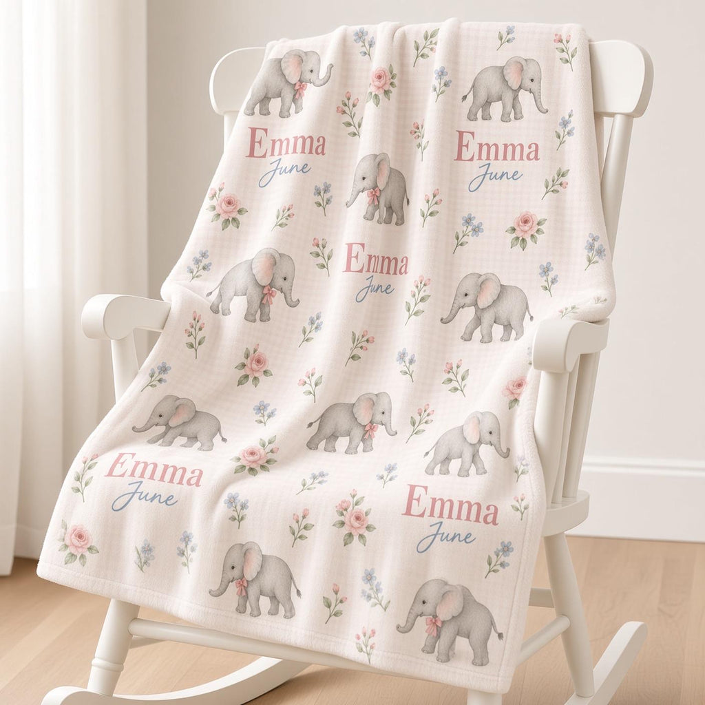 Personalized Elephant Baby Blanket, Custom Name Girl Blanket, Pink Floral Safari Nursery Decor, Newborn Baby Shower Gift