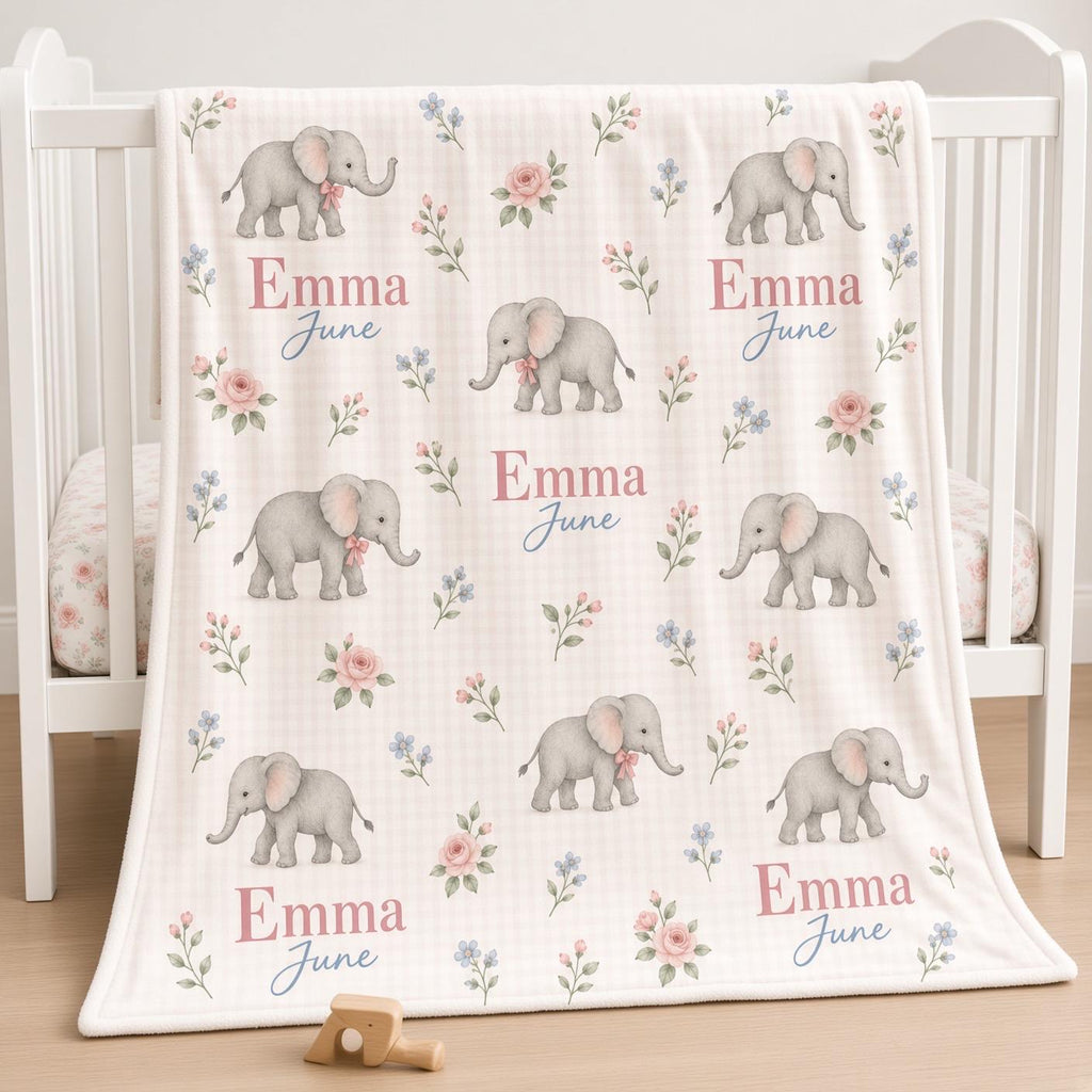 Personalized Elephant Baby Blanket, Custom Name Girl Blanket, Pink Floral Safari Nursery Decor, Newborn Baby Shower Gift