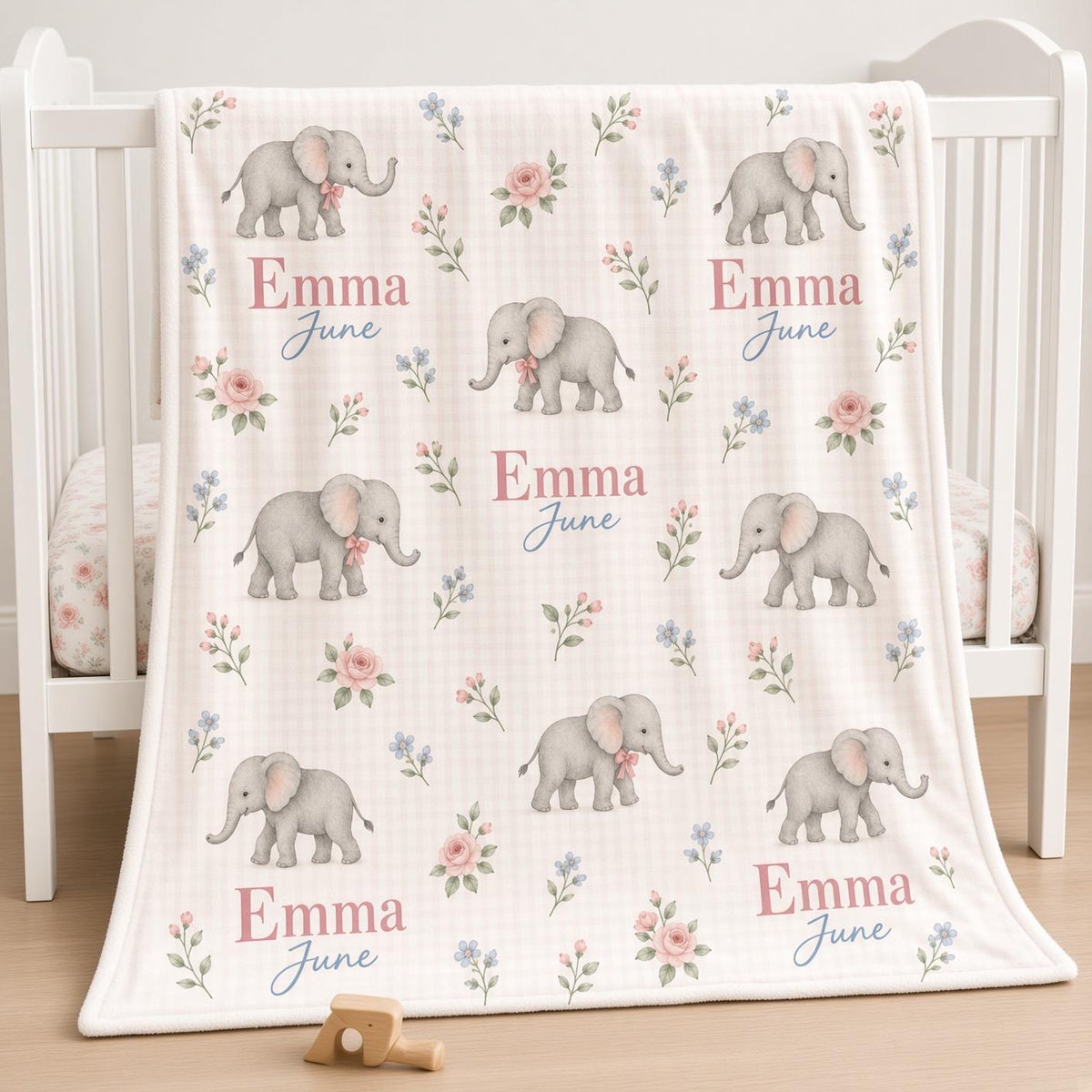 Personalized Elephant Baby Blanket, Custom Name Girl Blanket, Pink Floral Safari Nursery Decor, Newborn Baby Shower Gift