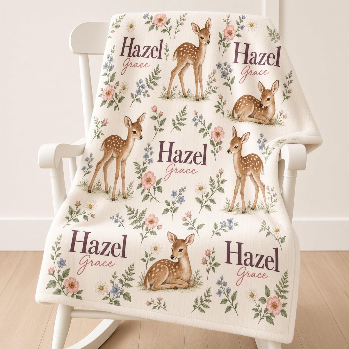 Personalized Fawn Baby Blanket, Custom Name Woodland Deer Blanket, Floral Girl Nursery Decor, Newborn Baby Shower Gift