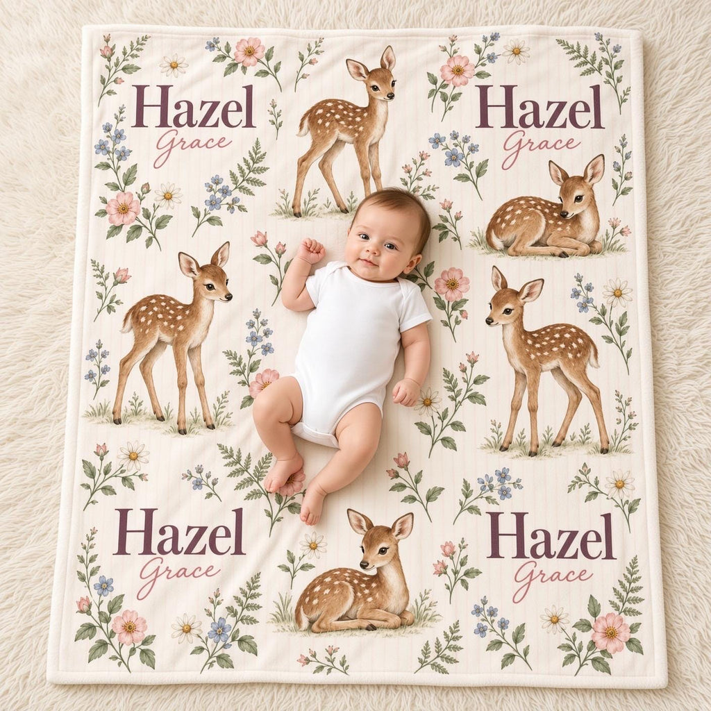 Personalized Fawn Baby Blanket, Custom Name Woodland Deer Blanket, Floral Girl Nursery Decor, Newborn Baby Shower Gift
