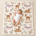 Personalized Fawn Baby Blanket, Custom Name Woodland Deer Blanket, Floral Girl Nursery Decor, Newborn Baby Shower Gift
