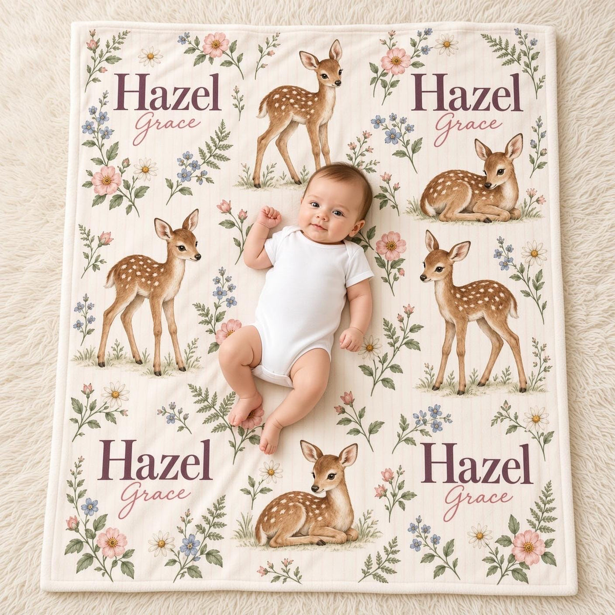 Personalized Fawn Baby Blanket, Custom Name Woodland Deer Blanket, Floral Girl Nursery Decor, Newborn Baby Shower Gift