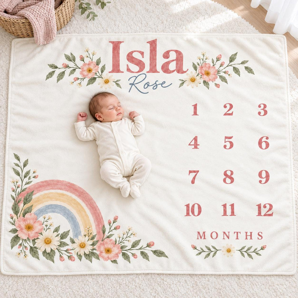 Personalized Baby Milestone Blanket, Monthly Baby Girl Blanket, Custom Name Rainbow Wildflower Newborn Baby Shower Gift