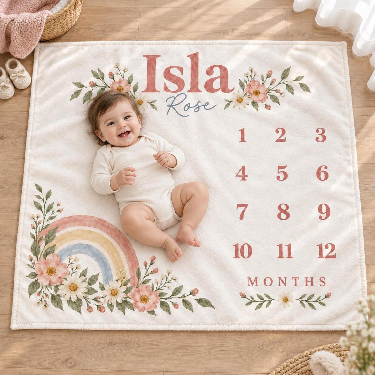 Personalized Baby Milestone Blanket, Monthly Baby Girl Blanket, Custom Name Rainbow Wildflower Newborn Baby Shower Gift
