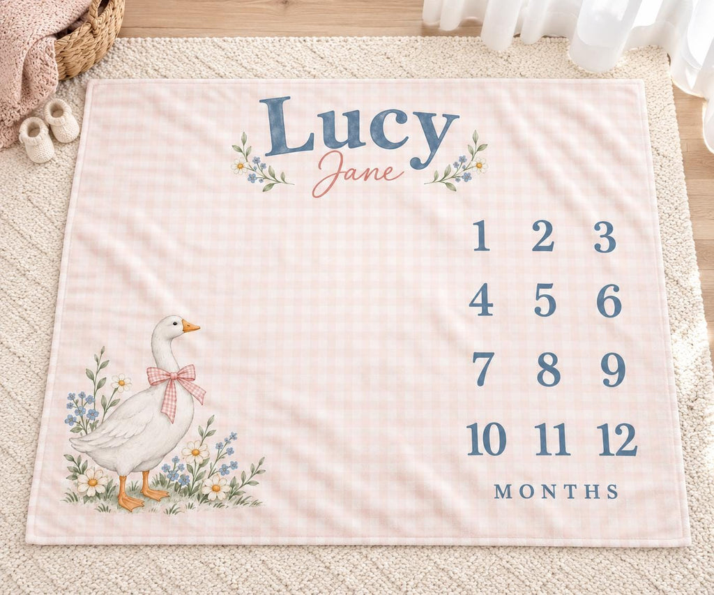 Personalized Baby Girl Milestone Blanket, Monthly Goose Blanket, Custom Name Pink Gingham Nursery Newborn Baby Shower Gift