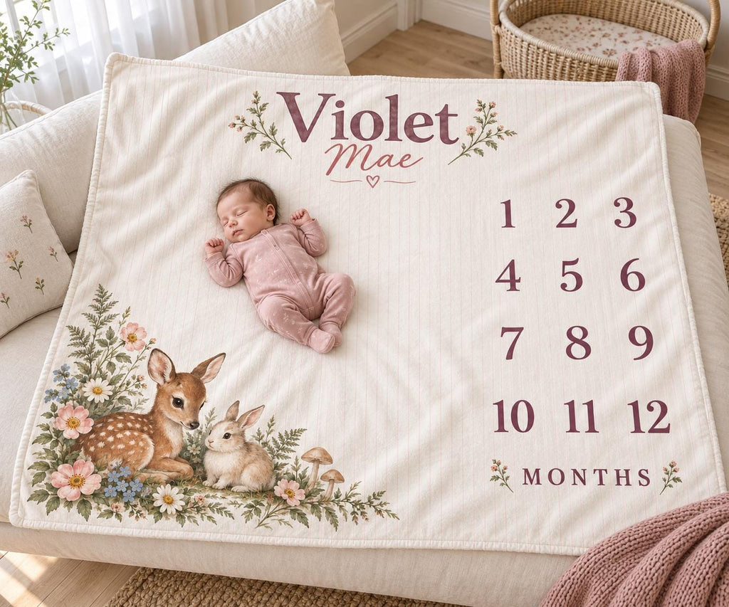 Personalized Baby Girl Milestone Blanket, Monthly Fawn Bunny Blanket, Custom Name Woodland Nursery Baby Shower Gift