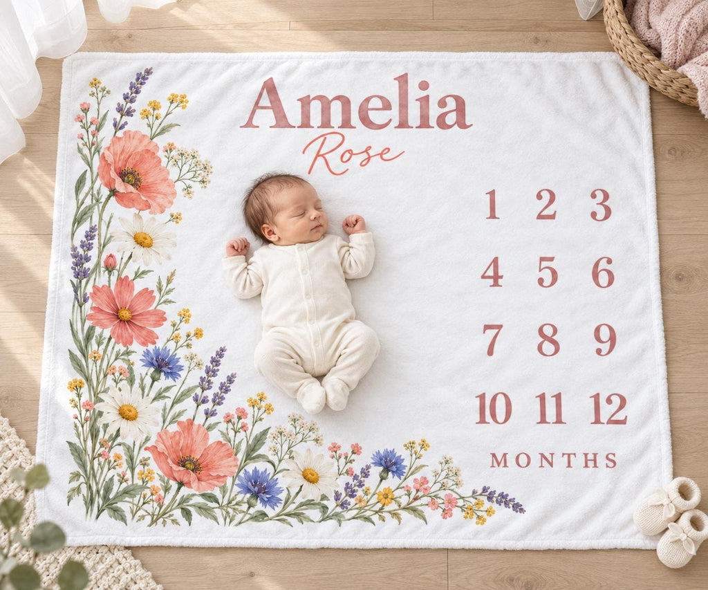 Personalized Baby Girl Milestone Blanket, Monthly Wildflower Blanket, Custom Name Floral Newborn Baby Shower Gift