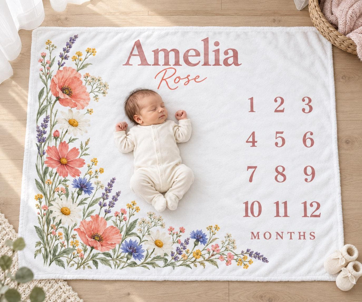 Personalized Baby Girl Milestone Blanket, Monthly Wildflower Blanket, Custom Name Floral Newborn Baby Shower Gift