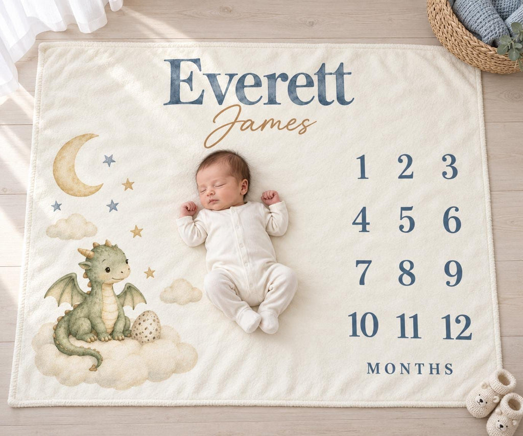 Personalized Baby Boy Milestone Blanket, Monthly Baby Dragon Blanket, Custom Name Celestial Nursery Newborn Baby Shower Gift