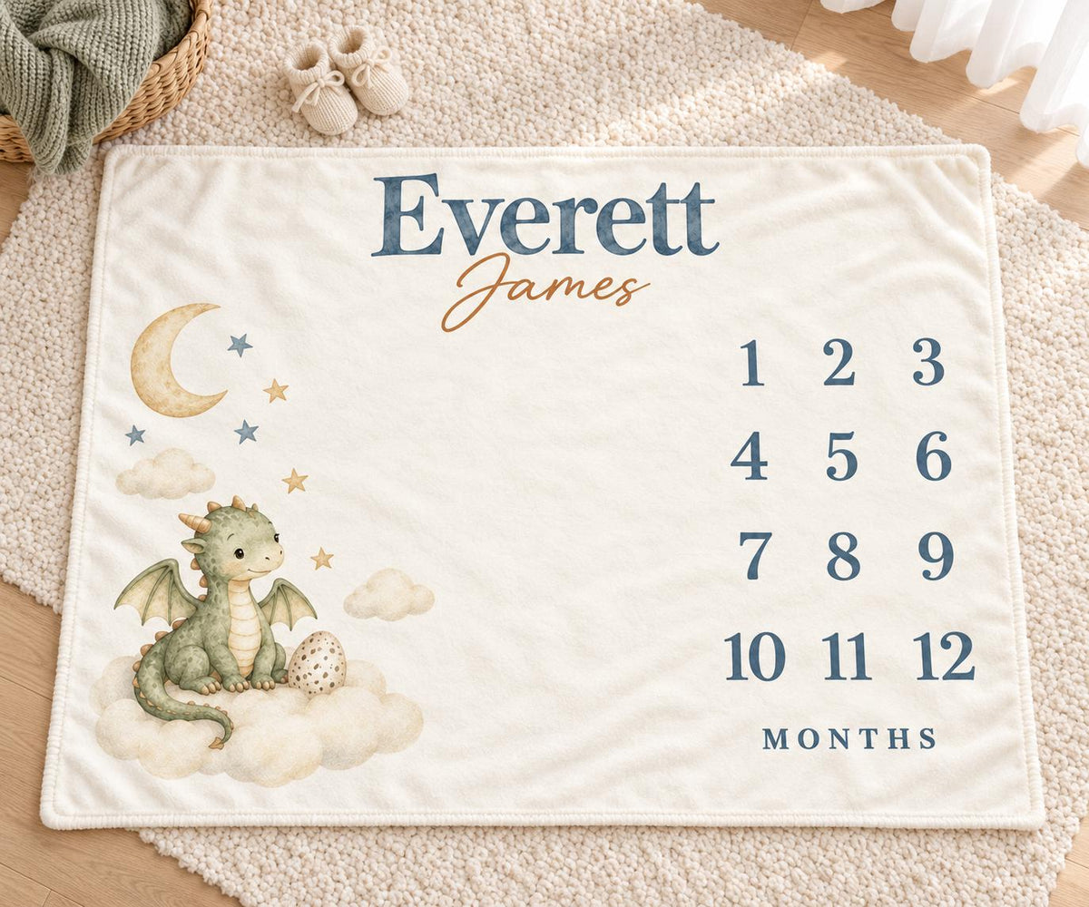 Personalized Baby Boy Milestone Blanket, Monthly Baby Dragon Blanket, Custom Name Celestial Nursery Newborn Baby Shower Gift