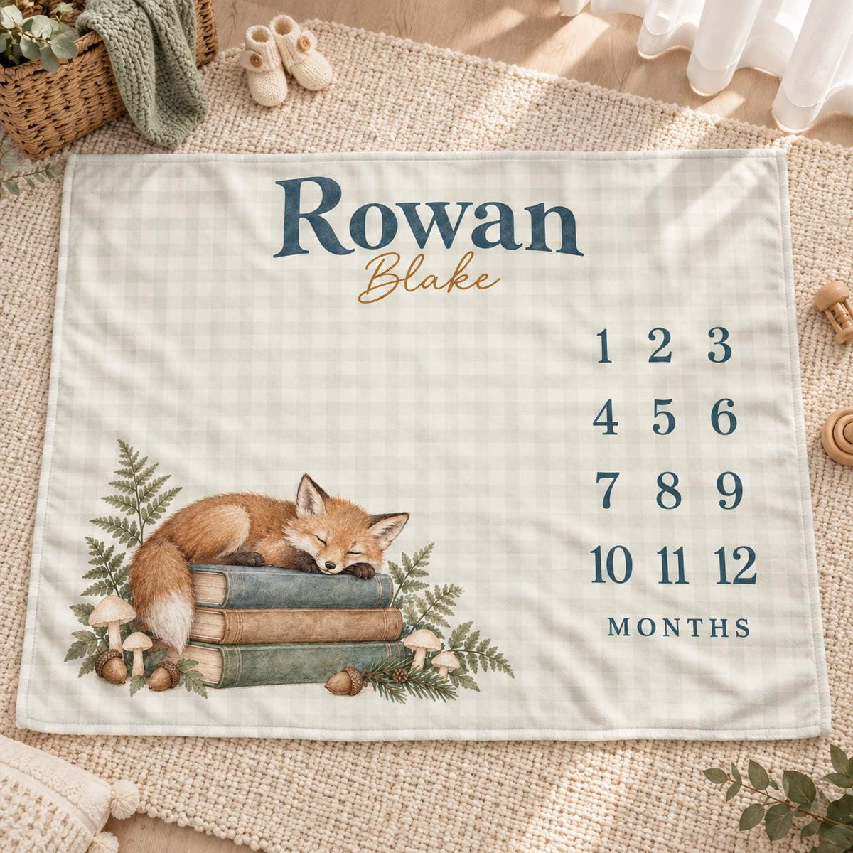 Personalized Baby Boy Milestone Blanket, Monthly Woodland Fox Blanket, Custom Name Storybook Nursery Newborn Baby Shower Gift