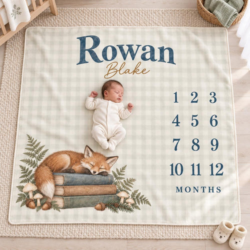 Personalized Baby Boy Milestone Blanket, Monthly Woodland Fox Blanket, Custom Name Storybook Nursery Newborn Baby Shower Gift