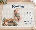 Personalized Baby Boy Milestone Blanket, Monthly Woodland Fox Blanket, Custom Name Storybook Nursery Newborn Baby Shower Gift