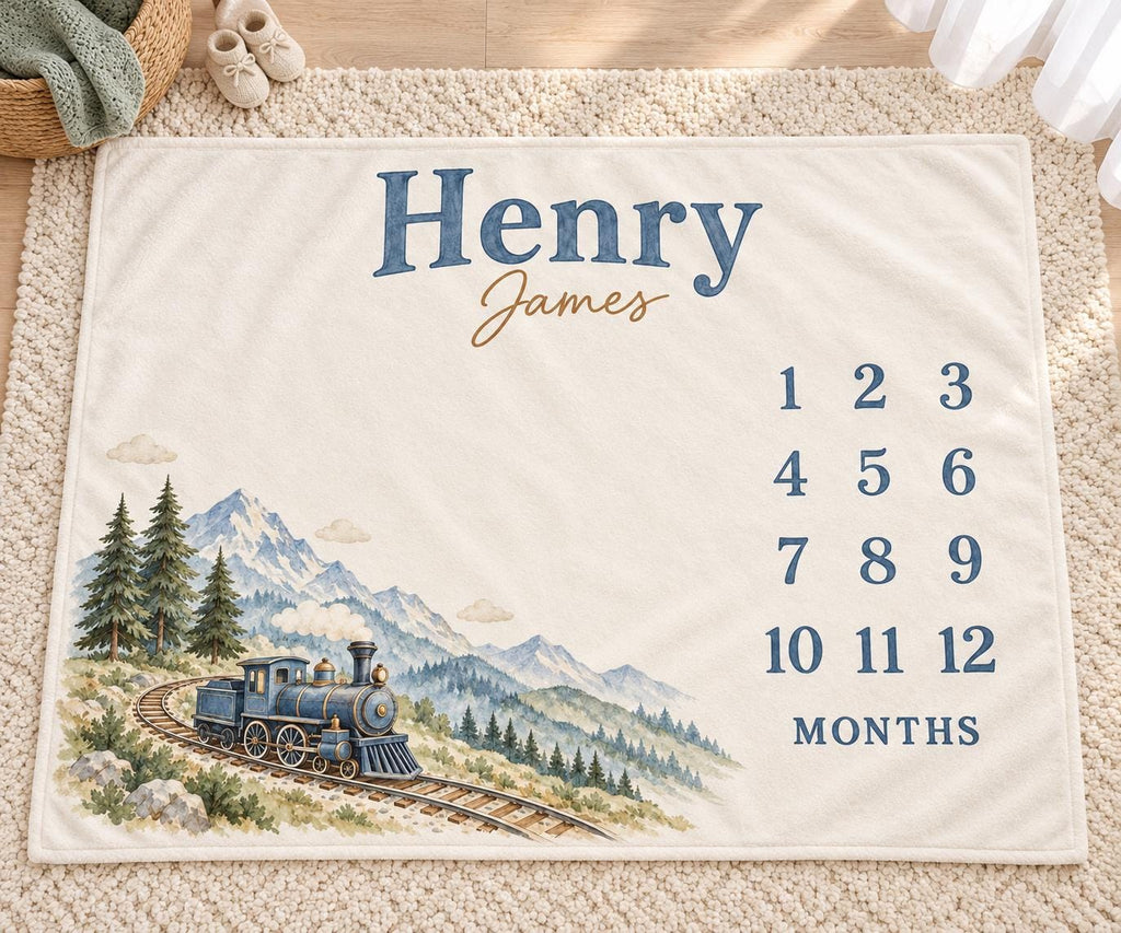 Personalized Baby Boy Milestone Blanket, Monthly Vintage Train Blanket, Custom Name Mountain Nursery Newborn Baby Shower Gift