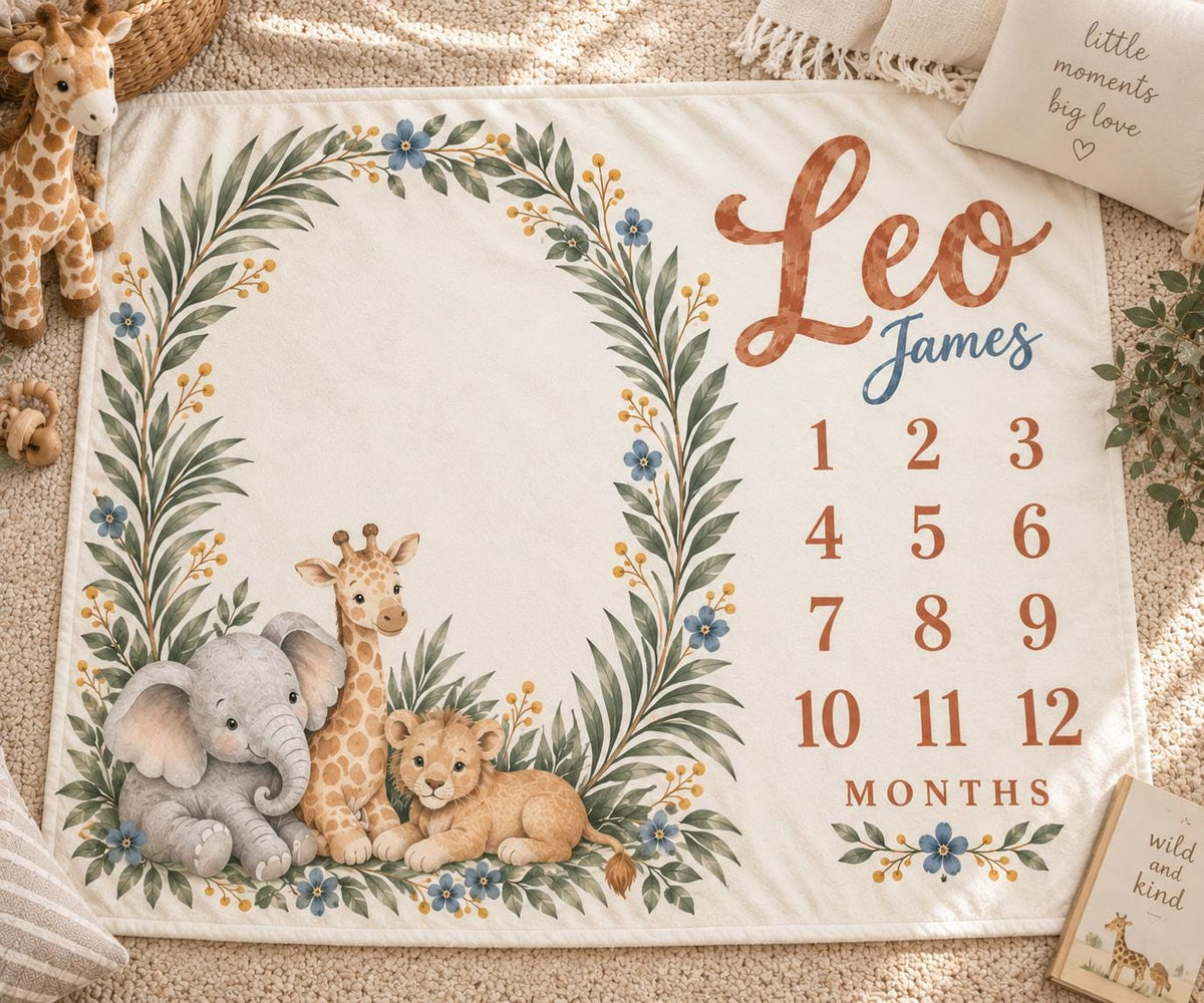 Personalized Safari Milestone Blanket, Custom Baby Name Blanket, Monthly Milestone Blanket, Jungle Nursery Decor, Baby Christ
