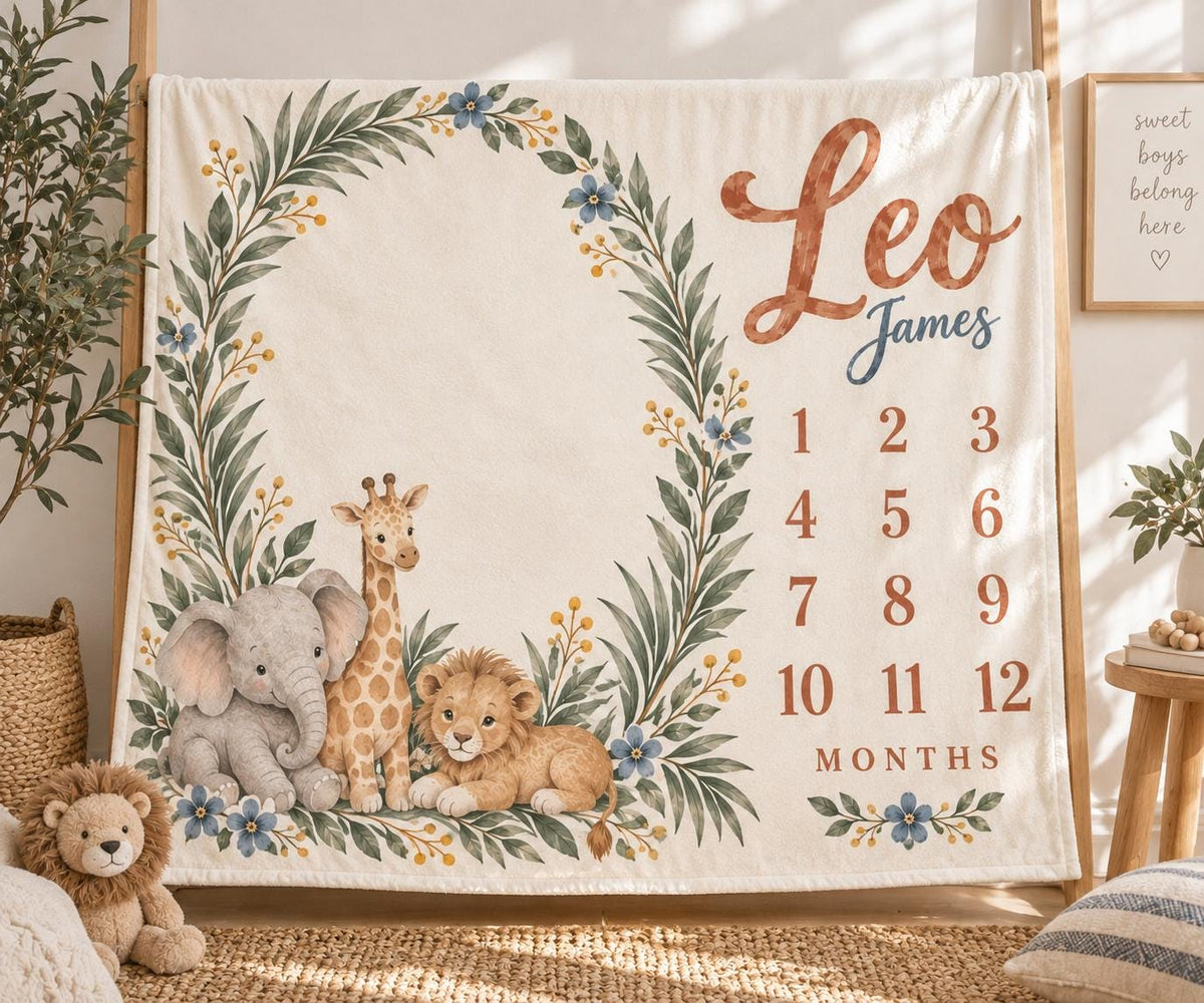 Personalized Safari Milestone Blanket, Custom Baby Name Blanket, Monthly Milestone Blanket, Jungle Nursery Decor, Baby Christ
