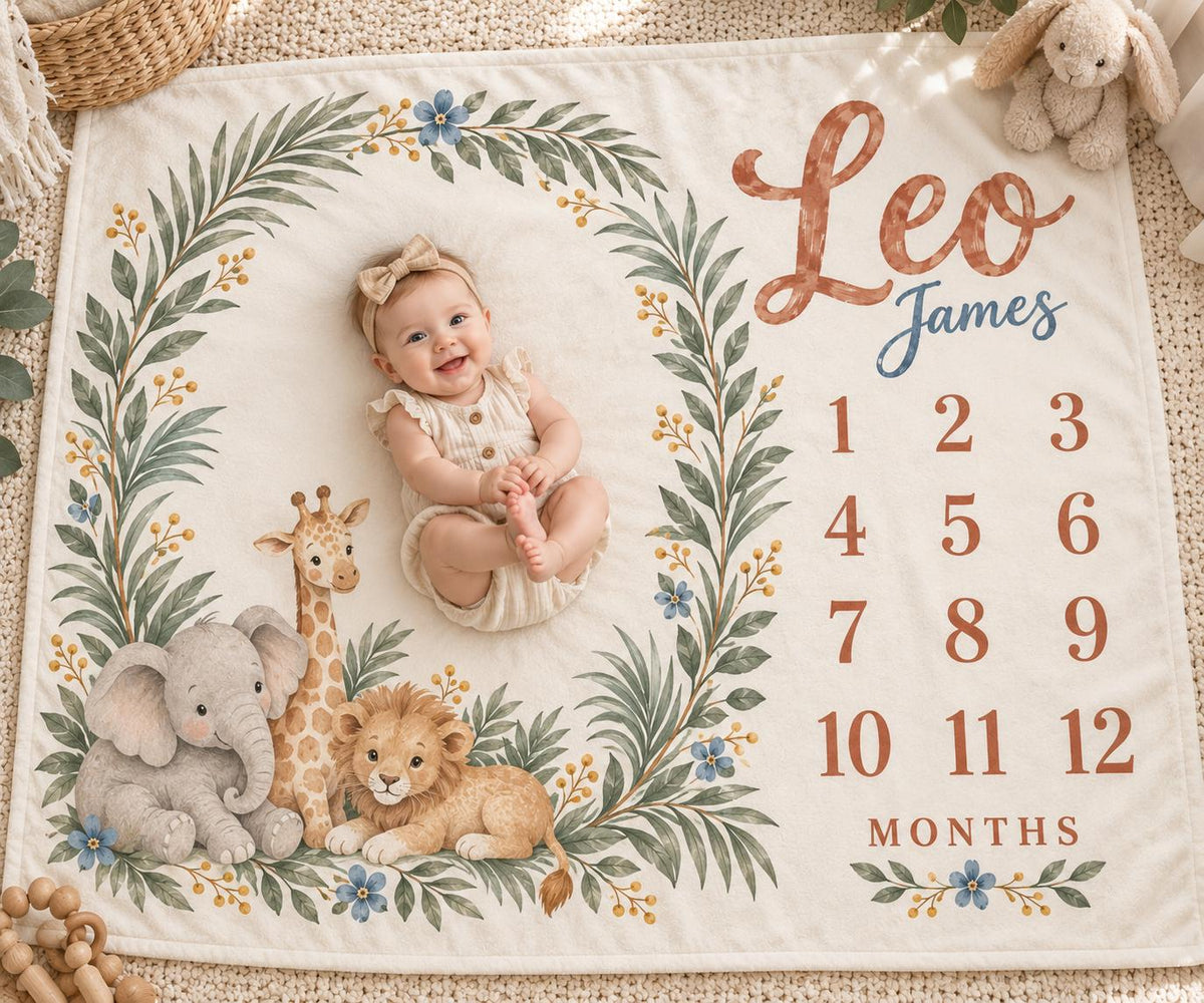 Personalized Safari Milestone Blanket, Custom Baby Name Blanket, Monthly Milestone Blanket, Jungle Nursery Decor, Baby Christ