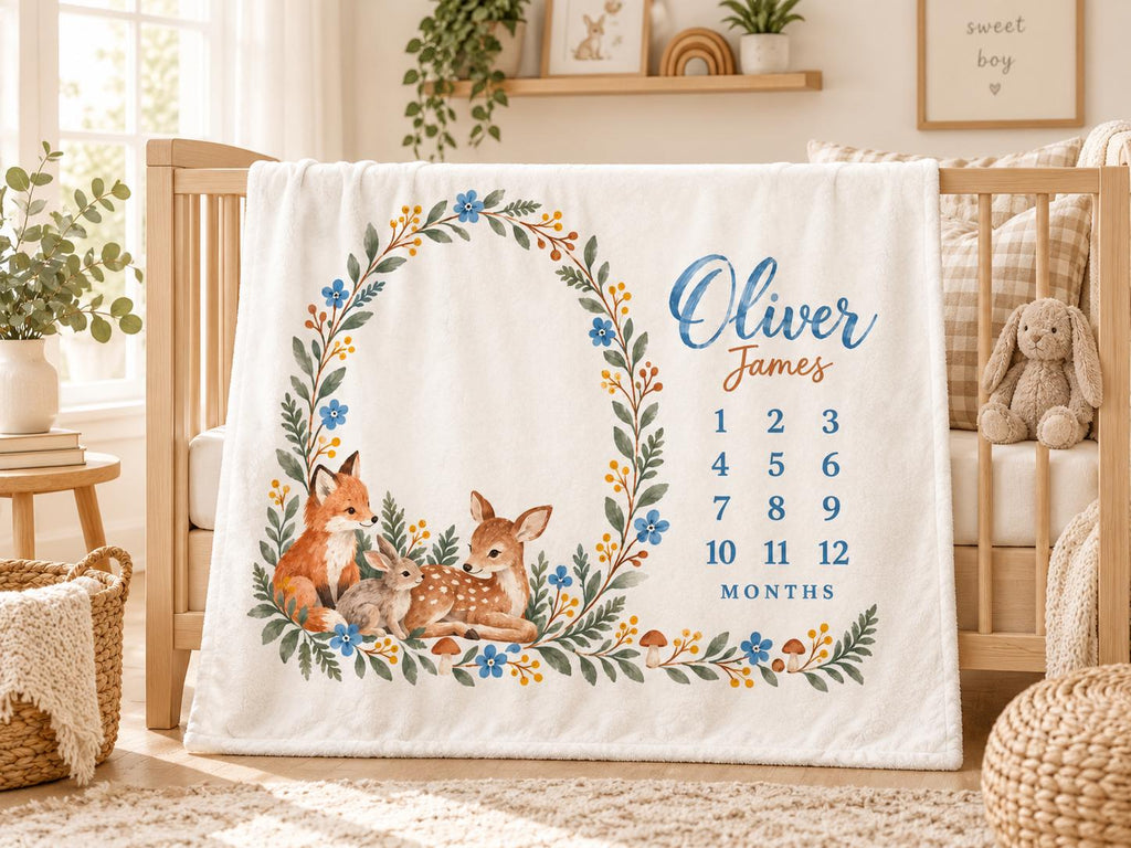 Personalized Woodland Milestone Blanket, Custom Baby Name Blanket, Monthly Milestone Blanket, Forest Nursery Decor, Baby Chri